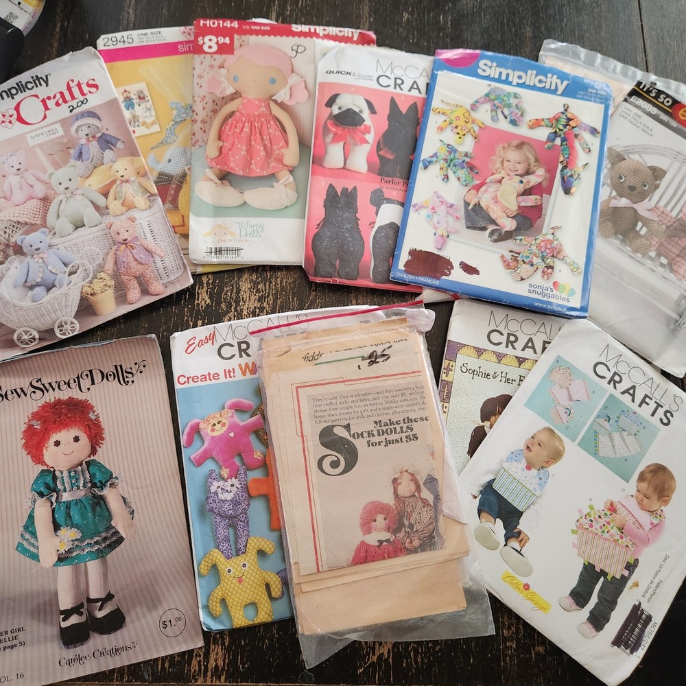 Lot of 12 Sewing Patterns Simplicity McCalls Crafts Dolls Stuffed Animals Plush